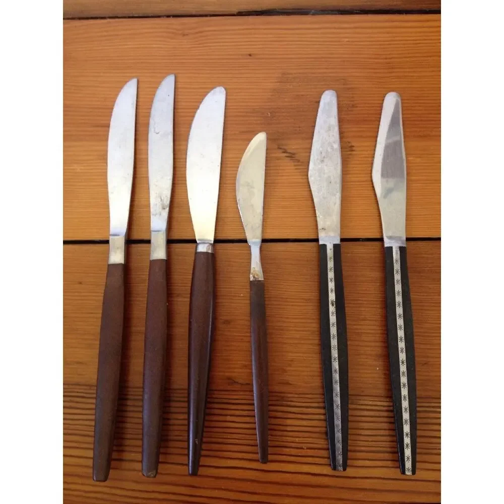 Lot of 6 Vintage Canoe Muffin Brown Black Starburst Mid Century Knives Flatware